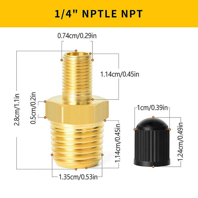 2Pcs Brass Air Inflator Adapter W/Valve Stem Inside 1/4" NPT (M) To Standard Schrader Valve (M) Tire Inflator Connector