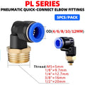 5PCS PL 4-12mm Pneumatic Elbow Quick Connector w/ 1/8"-1/2" Thread - PL Series Air Hose Fittings for Industrial PL6/8/10