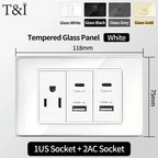 118x75mm Tempered Glass US-Thai Socket: Dual USB-C Ports & 2 AC Outlets for 110V, Scratch-Resistant Panel