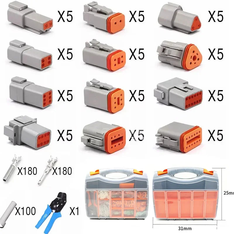 DT Series Deutsch Waterproof Connector Kit Repair Tool Portable Box Suit DT06-2/3/4/6/8/12S DT04-2/3/4/6/8/12P Terminal & Pliers