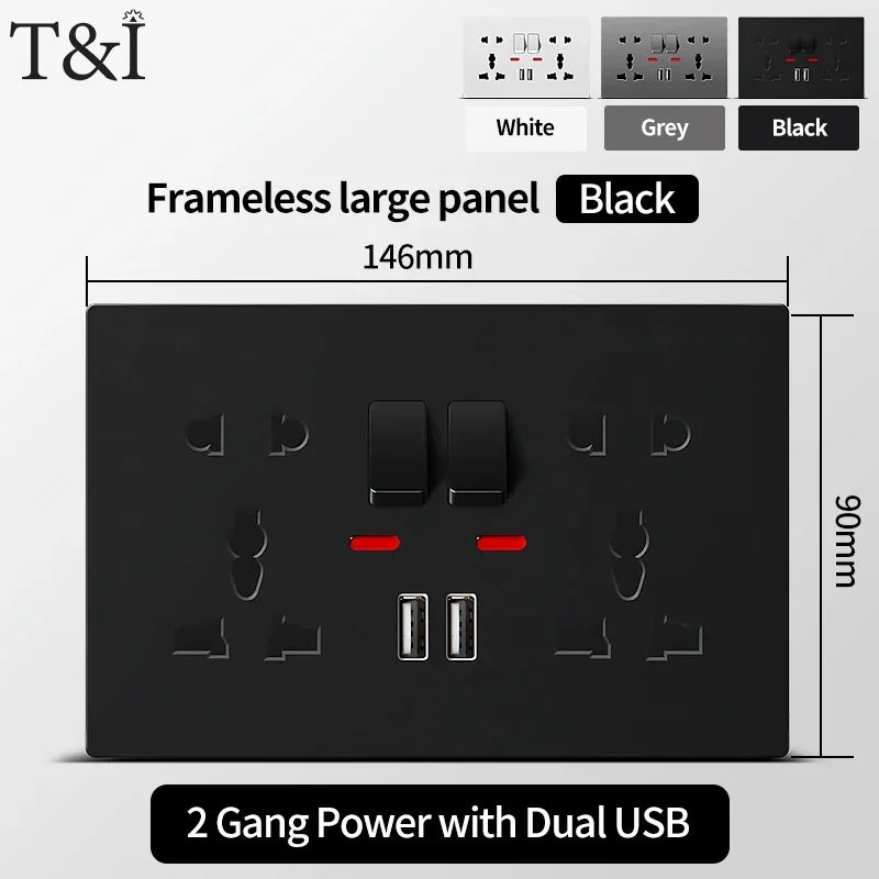 Universal Wall Socket 2‑Gang Power Outlet with Switches, USB‑C Charging Port, LED Indicator, Flush Mount, AC 110‑250V