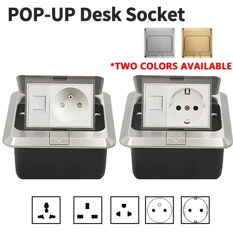 Floor Electrical Outlet Pop Up Kitchen Countertop Waterproof Sockets Pop Out Receptacle Stainless Steel Box Golden Cover 15A