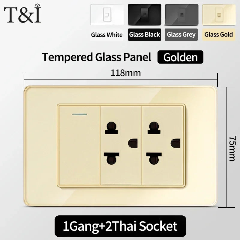 118 Series Glass Panel Wall Switch Socket, US Mexico Standard, USB and Type-C Charging Ports, 1/2/3/4 Gang Options