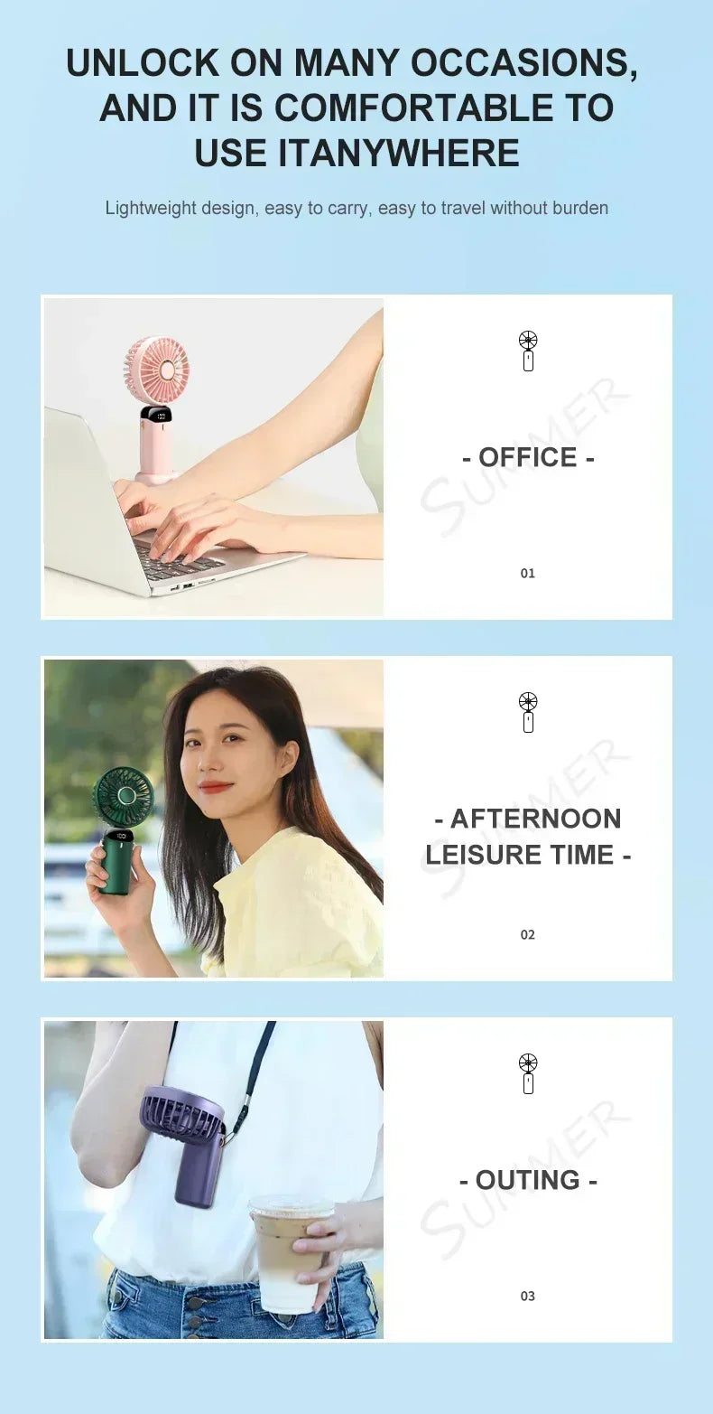 Car 3 in 1 Portable Fan Handheld Neck Desk Fan 5 Speed Digital Display Ultra Quiet Makeup Fan for Women Desktop Clip Office Amag