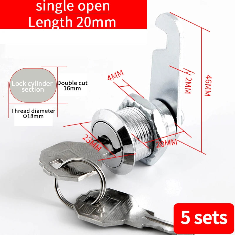 Cabinet Cam Lock Set, 5 Pack Two-Sided Keyed Alike 16MM-30MM Cylinder Cam Locks Secure Mailbox File Drawer Compartment Lock