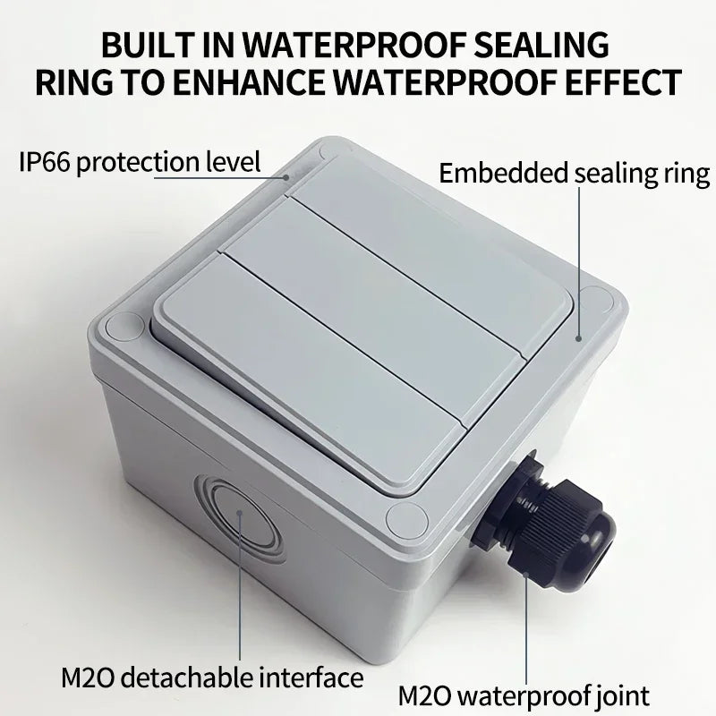 IP66 Outdoor Wall Switch 16A Weatherproof Push Button - 1/2/3 Gang Electrical for Garden/Patio/Exterior Use