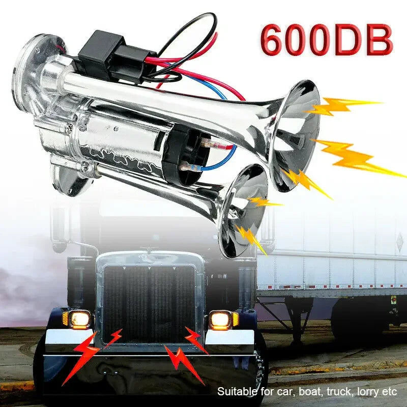 Super Loud 600DB Dual Trumpet Train Horns for Trucks 12V Stainless Steel Electric High Decibel Chrome Finished Car Speaker with