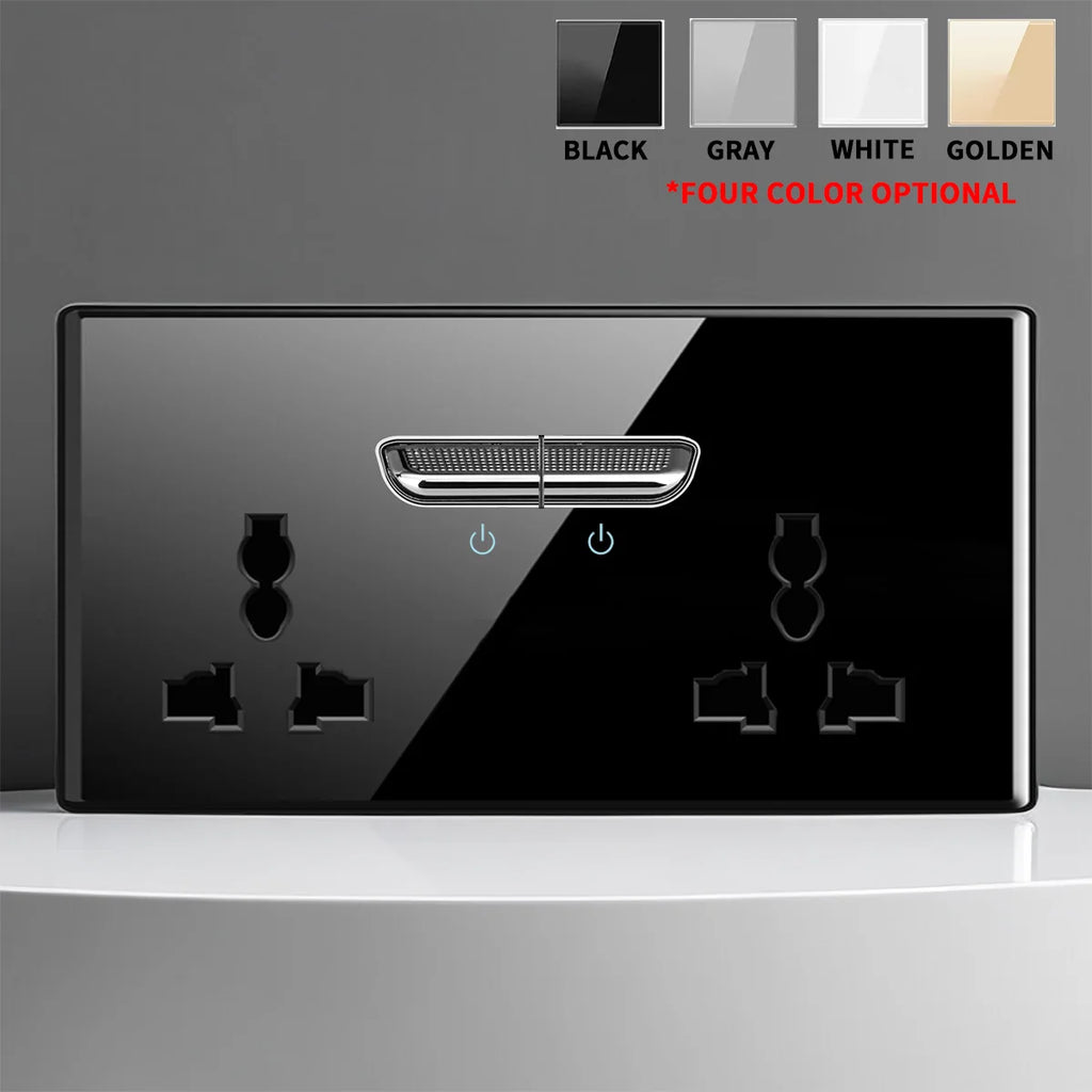 European British French Standard Tempered Glass Switch Socket with Indicator Light , Self-Reset 1 2 3 4 Gang Wall Panel Outlets