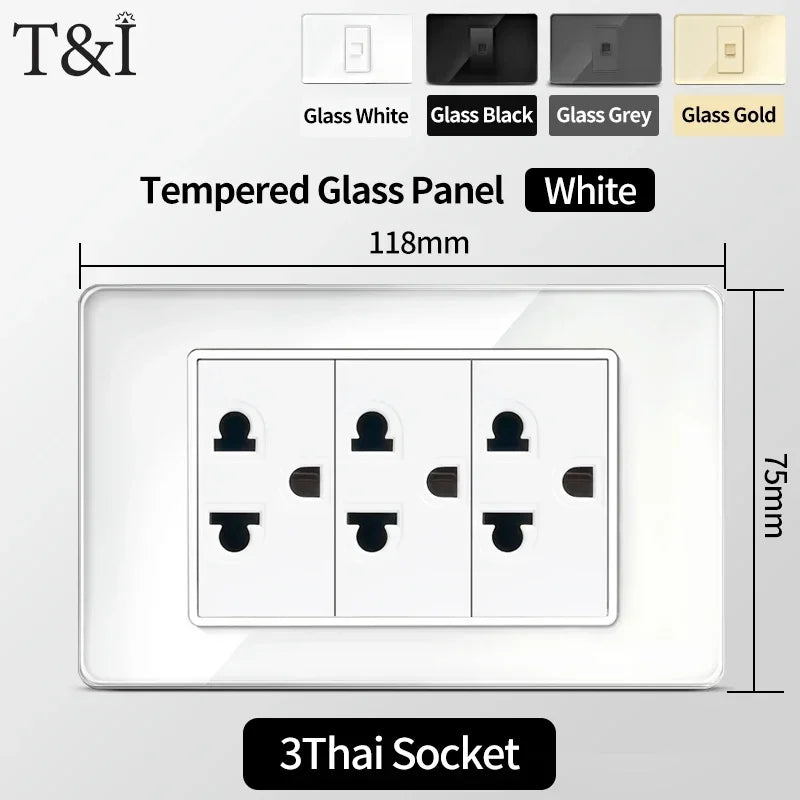 118x75mm Tempered Glass US-Thai Socket: Dual USB-C Ports & 2 AC Outlets for 110V, Scratch-Resistant Panel