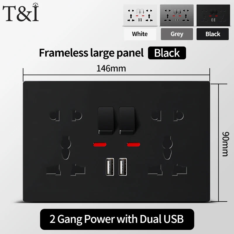 Universal Wall Socket with USB-C and USB Charger, 2 Gang Power Outlet with Switches, Flush Mount AC 110–250V for Home Office Use