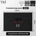 Universal Wall Socket with USB-C and USB Charger, 2 Gang Power Outlet with Switches, Flush Mount AC 110–250V for Home Office Use