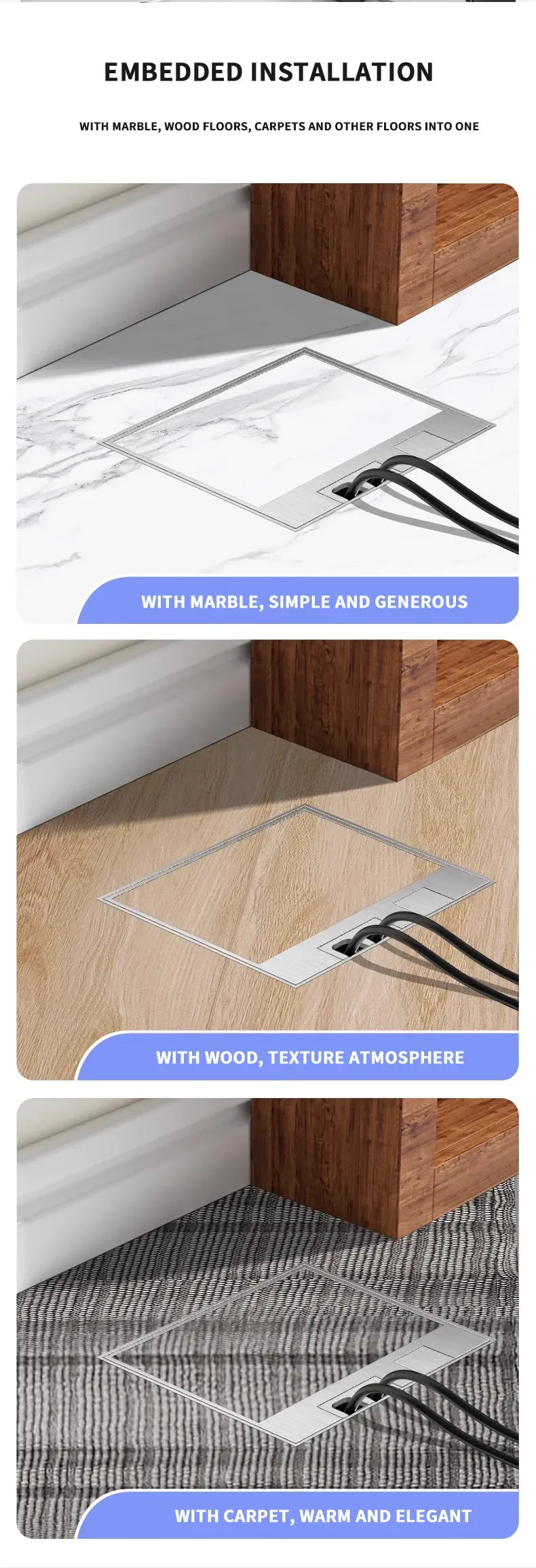 Hidden Floor Socket with USB Charging Ports, 304 Stainless Steel Underground Power Outlet, EU FR BR IL IT Standard, 130×130mm