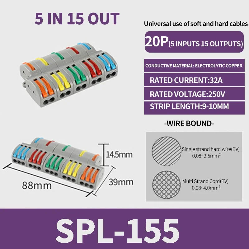 SPL-42/62/63/82/93 3/2-in 8/6/4-out Fast Wiring Terminal Multi-functional Parallel and Branch Docking Terminal Wire Connector