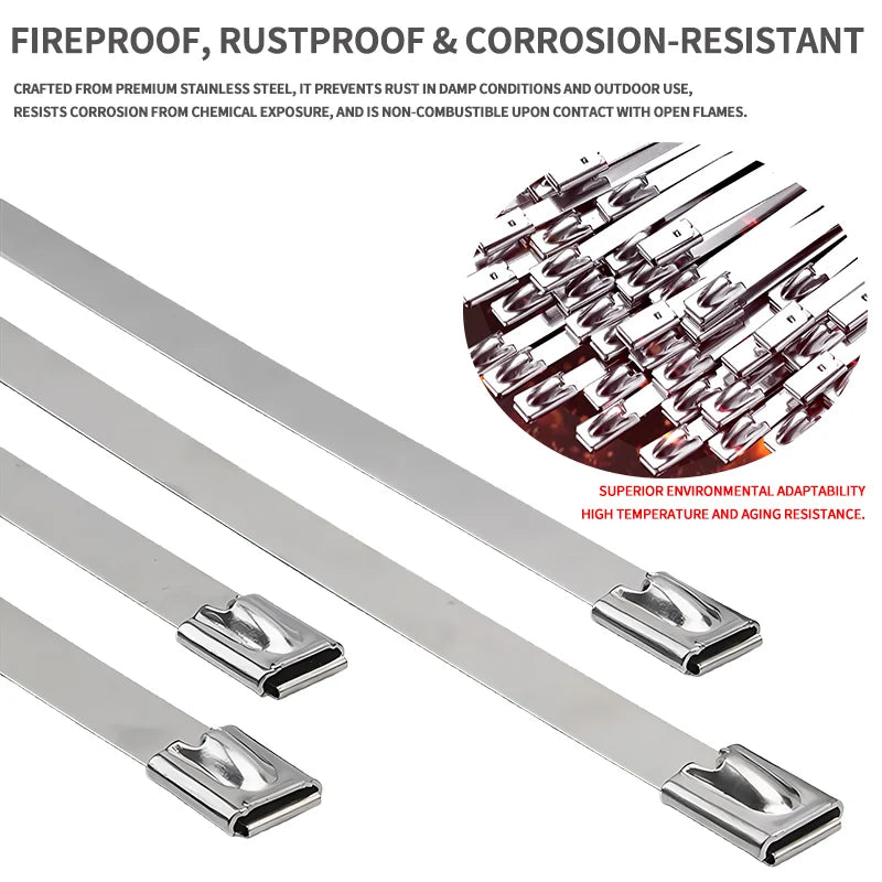 50PCS 304 Stainless Steel Zip Ties, Heavy-Duty Self-Locking Metal Cable Ties 4.6mm,Anti-Rust & Heat Resistant for Marine,Outdoor