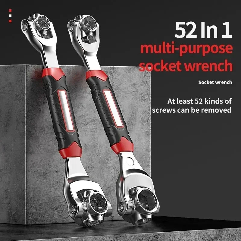52-in-1 Car Tools Multifunctional Socket Wrench Set Metric 8-19mm SAE 5/16"-3/4 Non-Slip Handle 360 Degree Swivel Head Universal