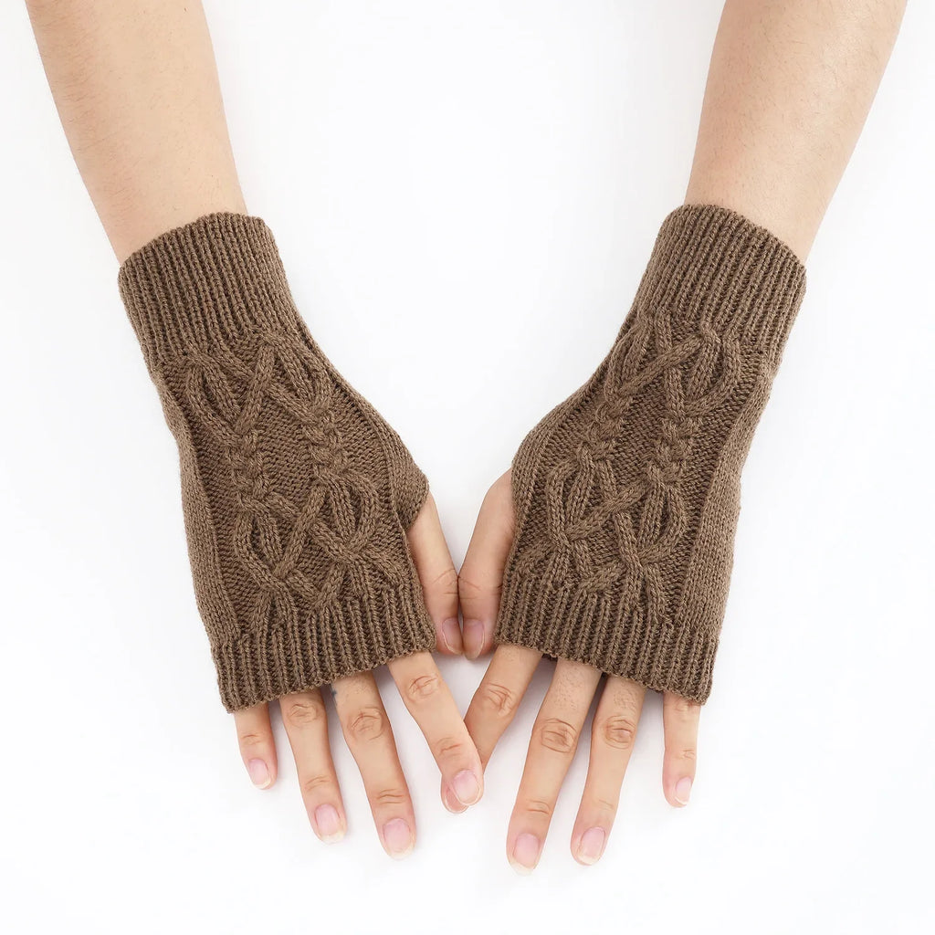Men Women Stretch Acrylic Knit Stripe Fingerless Mitten Student Couple Winter Warm Twist Flower Half Finger Solid Glove Amagi