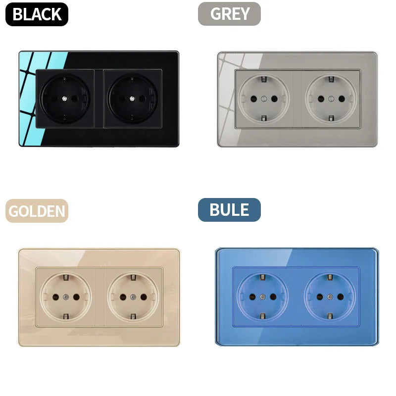 EU Russia France UK Socket AC Panel 86 Wall Switch Toggle Press Light Switch On/Off Crystal Tempered Glass Panel Wall Outlet