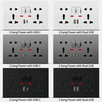 Universal Wall Socket 2‑Gang Power Outlet with Switches, USB‑C Charging Port, LED Indicator, Flush Mount, AC 110‑250V