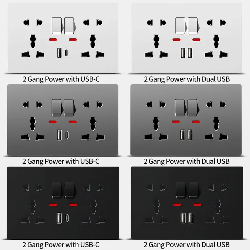 Universal Wall Socket with USB-C and USB Charger, 2 Gang Power Outlet with Switches, Flush Mount AC 110–250V for Home Office Use
