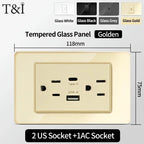 118 Series Glass Panel Wall Switch Socket, US Mexico Standard, USB and Type-C Charging Ports, 1/2/3/4 Gang Options