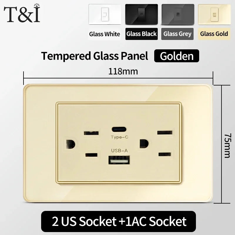 118 Series Glass Panel Wall Switch Socket, US Mexico Standard, USB and Type-C Charging Ports, 1/2/3/4 Gang Options