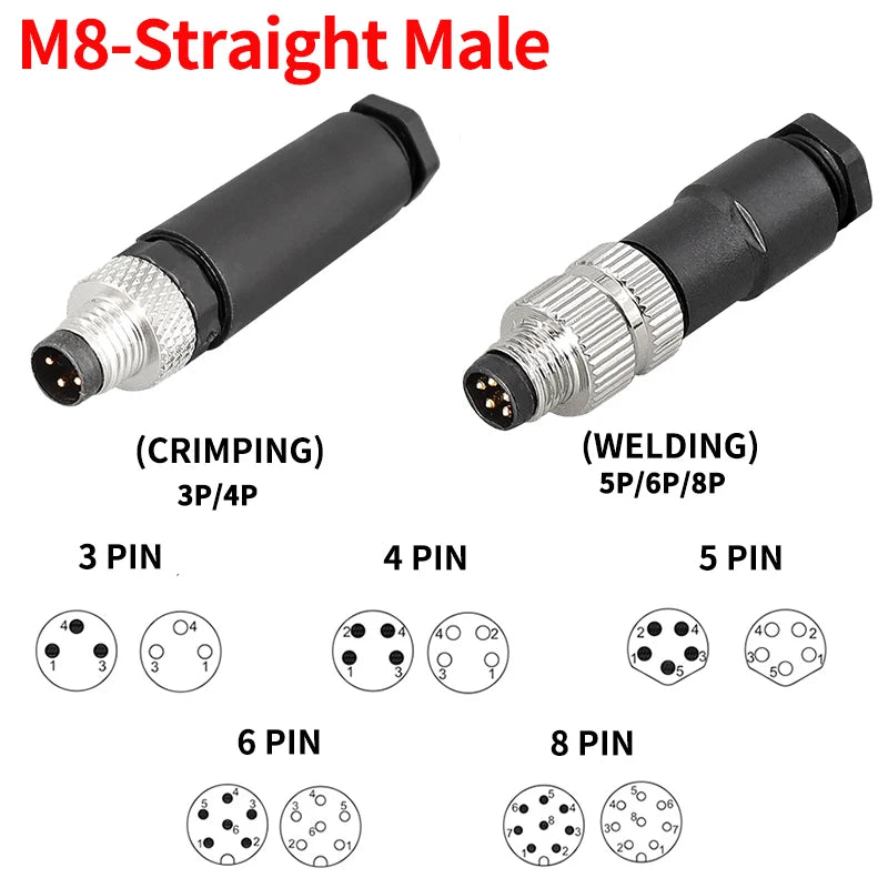 M8 Waterproof Aviation Connector Set, 3–8 Pin Male Female Plug & Socket for Proximity Sensor, Straight Right Angle/Flange Mount