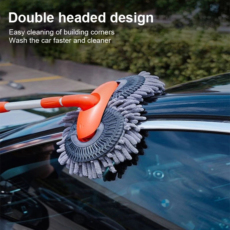 Double Brush Head Rotating Car Wash Mop Three-Section Telescopic Mop Roof Window Cleaning Maintenance Auto Supplies Accessories