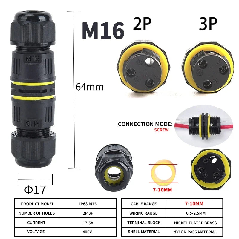 IP68 Outdoor Waterproof Junction Box Electrical Cable Connector, Easy to Install,M16 M20 M25 for Ø3.5-14mm Wire Range 2 Way