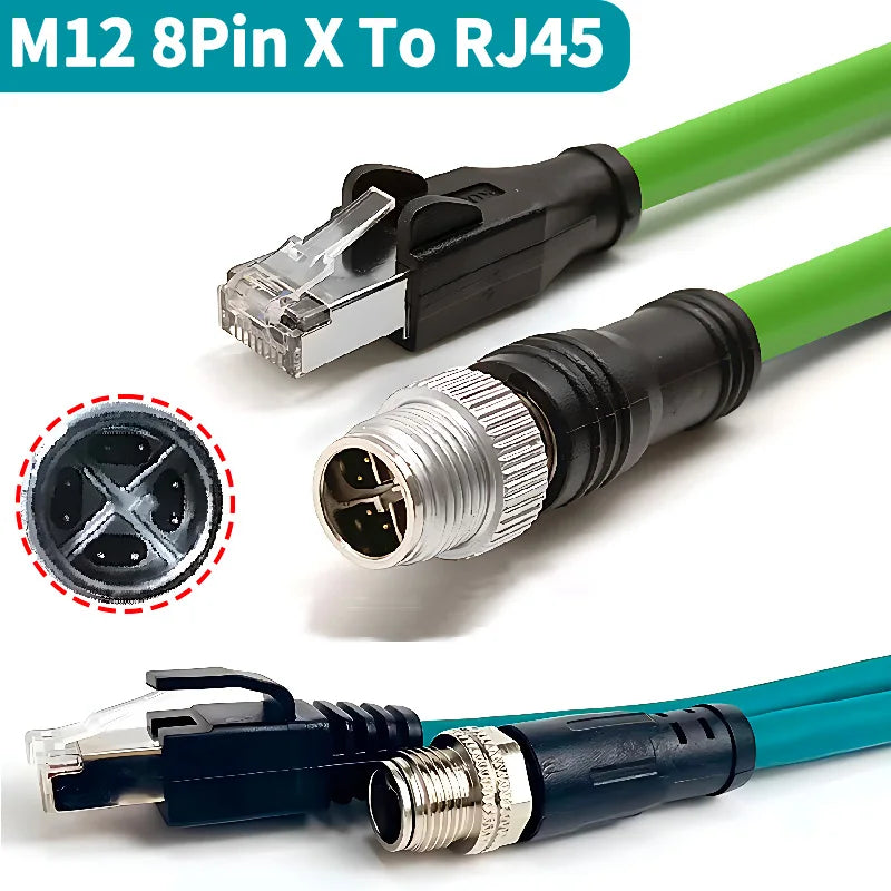 M12 X-Code 8Pin Male to RJ45 Gigabit Ethernet Cable 10Gbps IP67 Shielded - Industrial CAT6A Network Wire for Robotics & Harsh