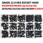Grade 12.9 Carbon Steel Socket Head Cap Screws Kit, M3 M4 M5 M6 M8 Assortment, High Tensile Hex Bolts, Rust Resistant, Allen Key