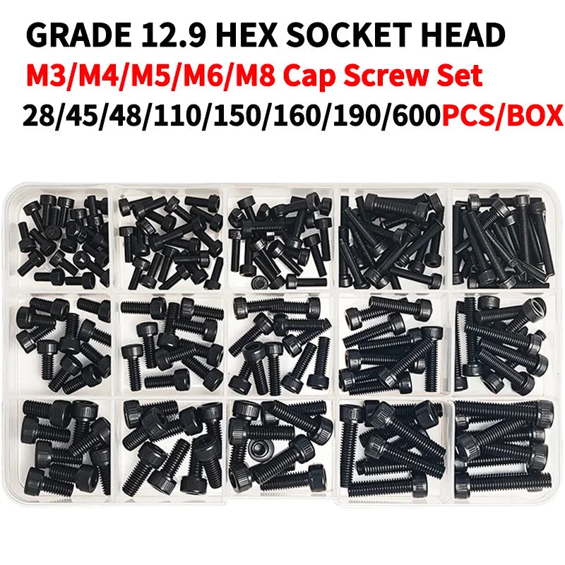 Grade 12.9 Carbon Steel Socket Head Cap Screws Kit, M3 M4 M5 M6 M8 Assortment, High Tensile Hex Bolts, Rust Resistant, Allen Key