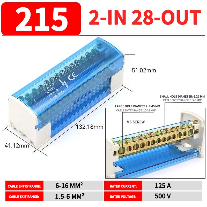 UK207 UK211 UK215 UK407 UK411 UK415 DIN Rail Terminal Block 125A Electrical Junction Box 1 In 2/4/6 Out Distribution Box