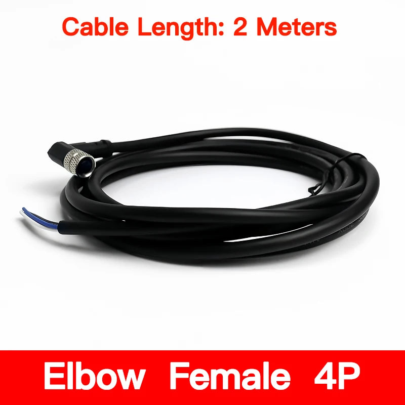 2m M8 Sensor Connector Cable, Straight & Right Angle Options, Male/Female, 3/4/5/6/8 Pin, Waterproof Molded Plug for Industry