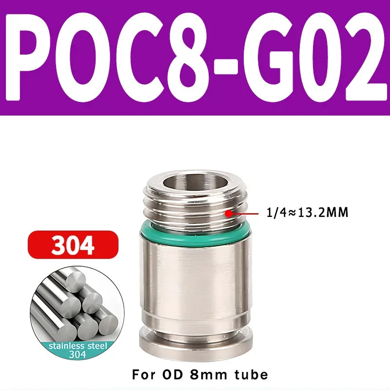 304 Stainless Steel Pneumatic Push-In Fitting POC-G, Internal Hex Quick Connector for Air and Gas Pipe Systems