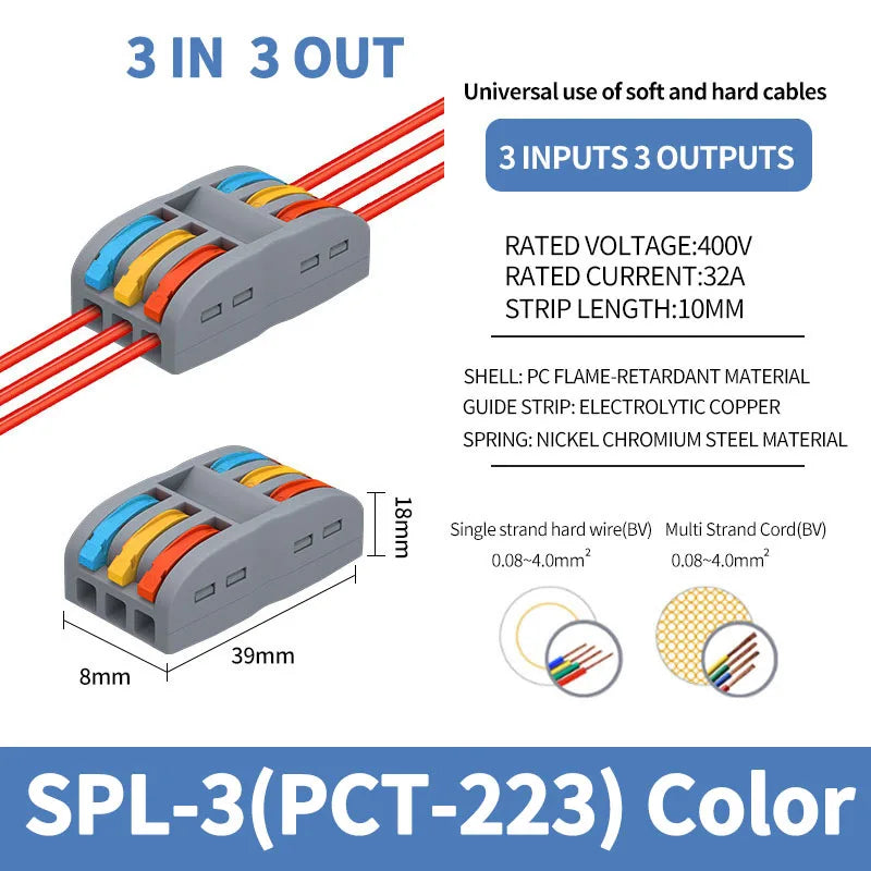 SPL-42/62/63/82/93 3/2-in 8/6/4-out Fast Wiring Terminal Multi-functional Parallel and Branch Docking Terminal Wire Connector