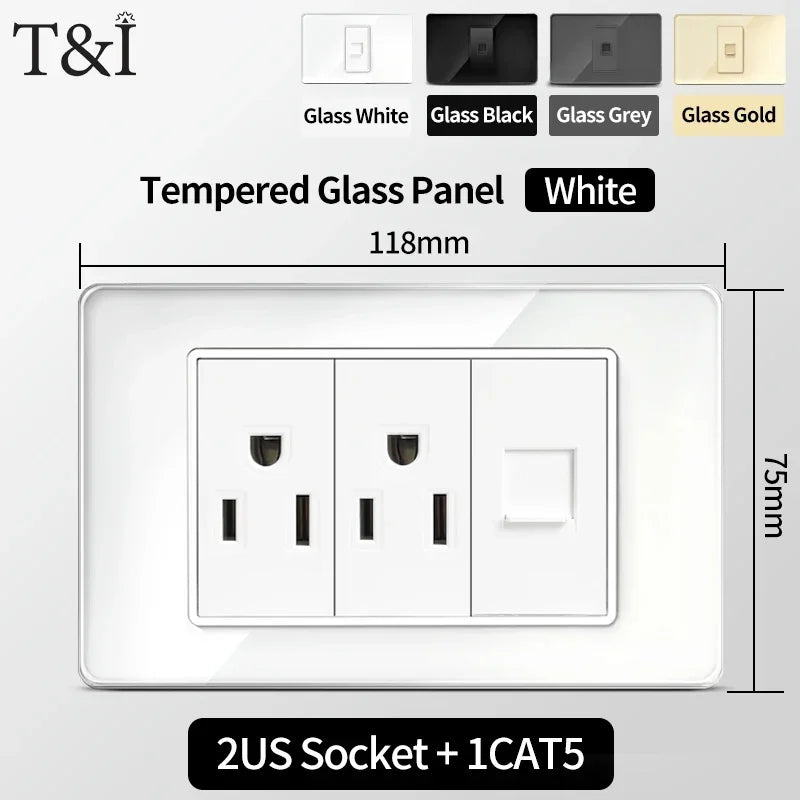 118x75mm Tempered Glass US-Thai Socket: Dual USB-C Ports & 2 AC Outlets for 110V, Scratch-Resistant Panel