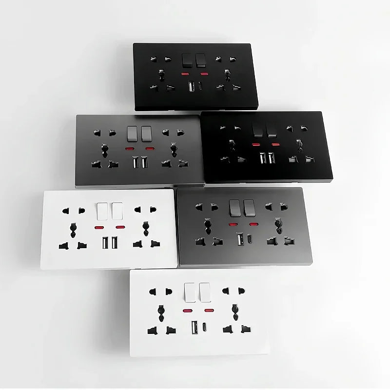 Universal Wall Socket 2‑Gang Power Outlet with Switches, USB‑C Charging Port, LED Indicator, Flush Mount, AC 110‑250V