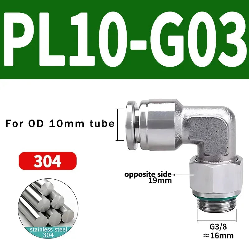 10/50/200PCS PL-G 304 Stainless Steel Trachea Quick Coupling Joint 1/8" 1/4" 3/8" 1/2" External G Thread Elbow Pneumatic Fitting