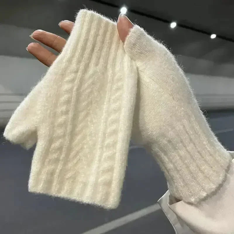 Men Women Stretch Acrylic Knit Stripe Fingerless Mitten Student Couple Winter Warm Twist Flower Half Finger Solid Glove Amagi