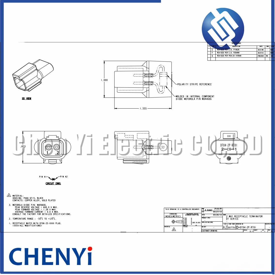 2 Pin Automotive connector Housing For DEUTSCH DT Male Pins Wire-to-Wire diode integrated components DT04-2P-RT01 DT04-2P-RT02