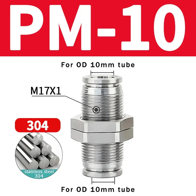 PM Type 304 Stainless Steel Bulkhead Pneumatic Connector, Push-In Hose Fitting 4mm–16mm for Air, Gas and Fluid Pipe Connection