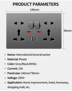 Universal Wall Socket 2‑Gang Power Outlet with Switches, USB‑C Charging Port, LED Indicator, Flush Mount, AC 110‑250V