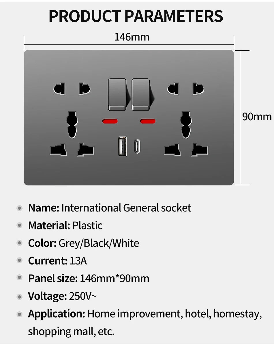 Universal Wall Socket with USB-C and USB Charger, 2 Gang Power Outlet with Switches, Flush Mount AC 110–250V for Home Office Use