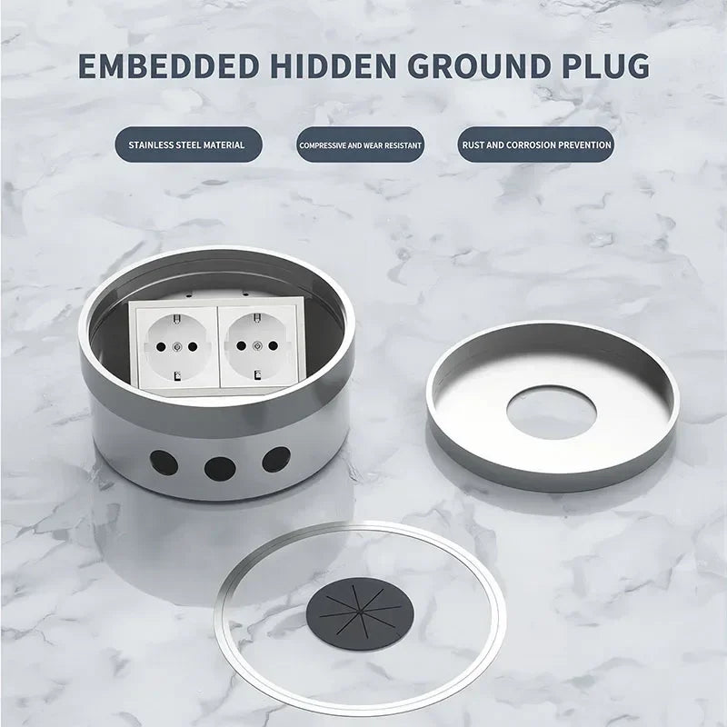 Embedded Hidden Ground Plug Flush Design Stainless Steel Compressive Anti-Rust Anti-Corrosion Home Office Indoor Socket Outlet