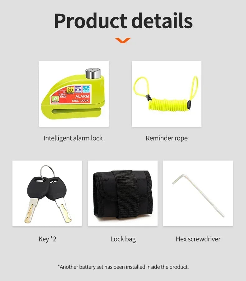 Motorcycle Bicycle Lock Alarm Safety Protection Padlock Disc Aluminum Alloy Anti-Theft Reminder Rope Lock Bag Motorcycle Amagi