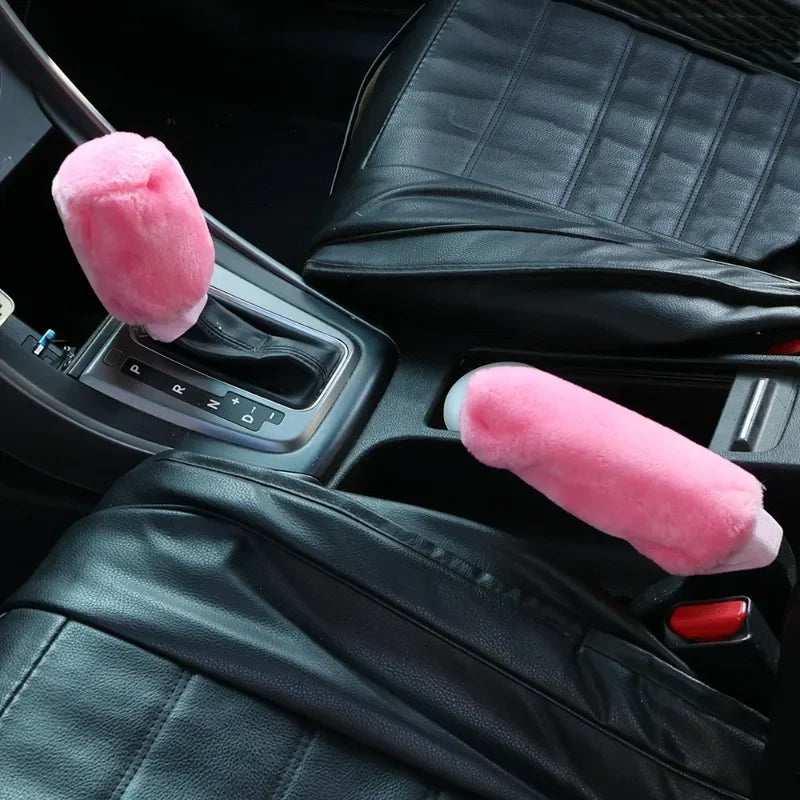 2Pcs Car Handbrake Grip Covers Gear Shift Knob Cover Handle Plush Sleeve Winter Soft Warm Hand Brake Interior Gear Shift Collars