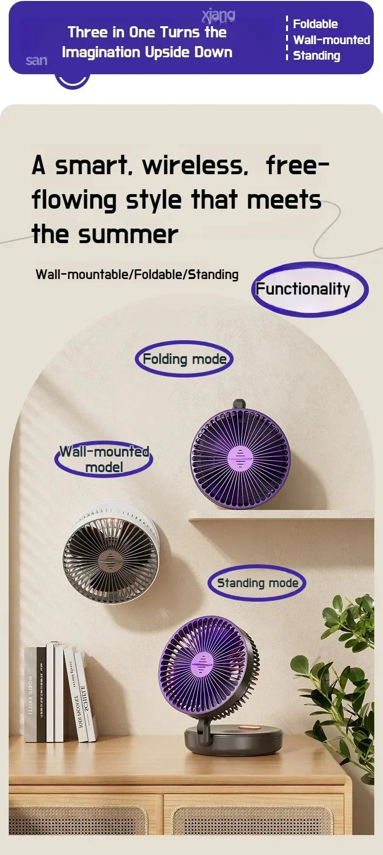 Foldable Desktop Fan Mini Wall-Mounted Car With Warm Night Light Rechargeable 4 Gears Adjustable Portable Air Circulation Amagi