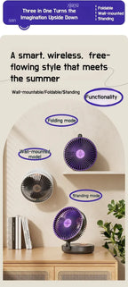 Foldable Desktop Fan Mini Wall-Mounted Car With Warm Night Light Rechargeable 4 Gears Adjustable Portable Air Circulation Amagi