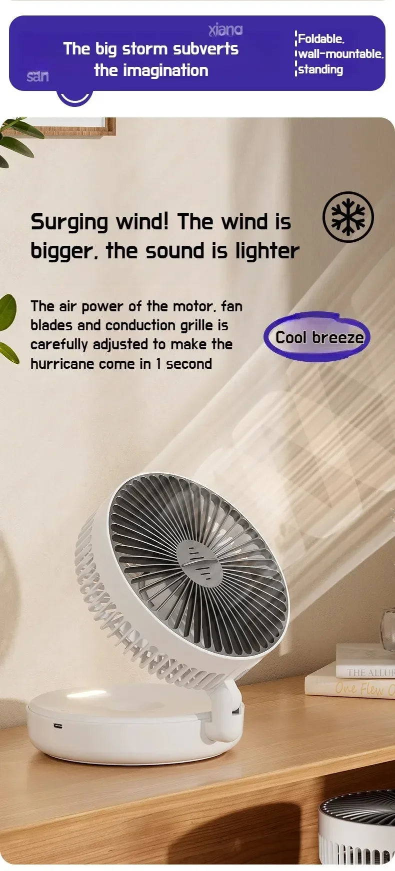 Foldable Desktop Fan Mini Wall-Mounted Car With Warm Night Light Rechargeable 4 Gears Adjustable Portable Air Circulation Amagi