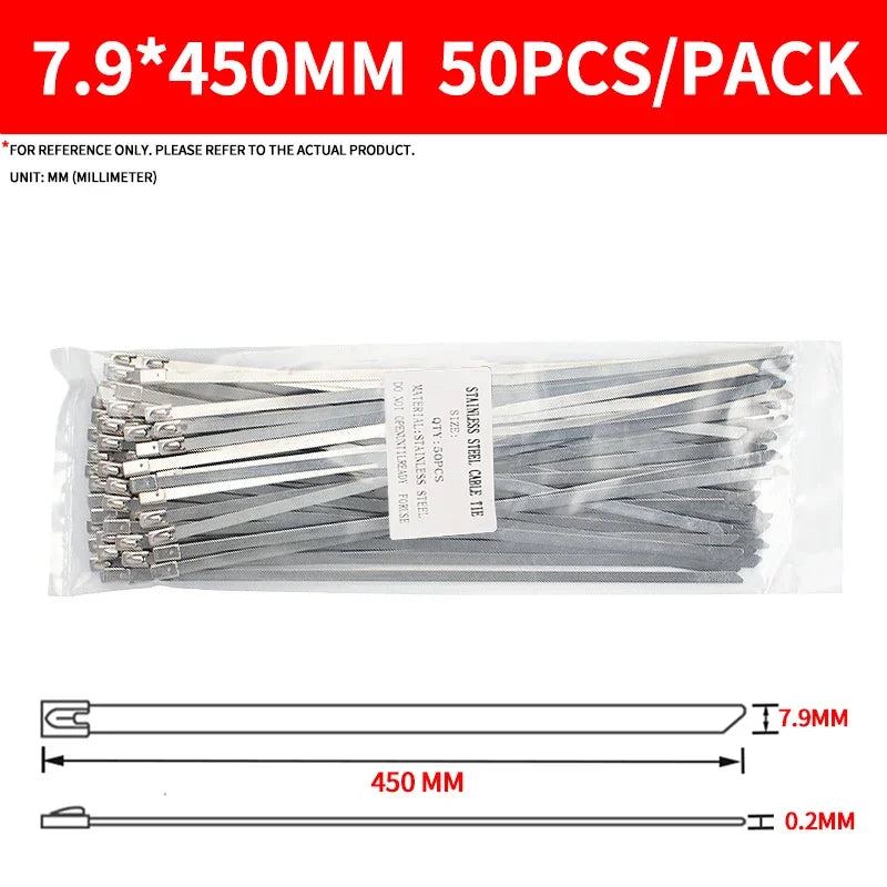 7.9mm Heavy Duty 304 Stainless Steel Zip Ties, Self-Locking Metal Straps for Industrial Machinery & Electrical Installations